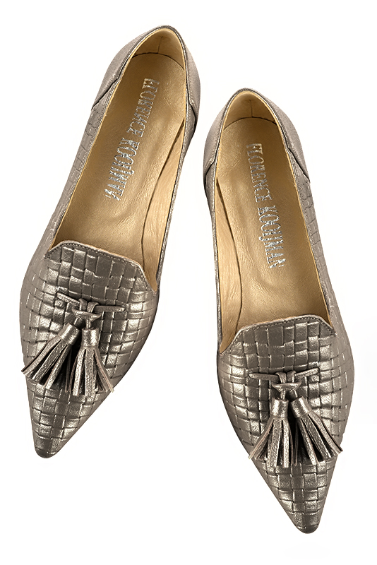 Taupe brown women's loafers with pompons. Pointed toe. Flat flare heels. Top view - Florence KOOIJMAN